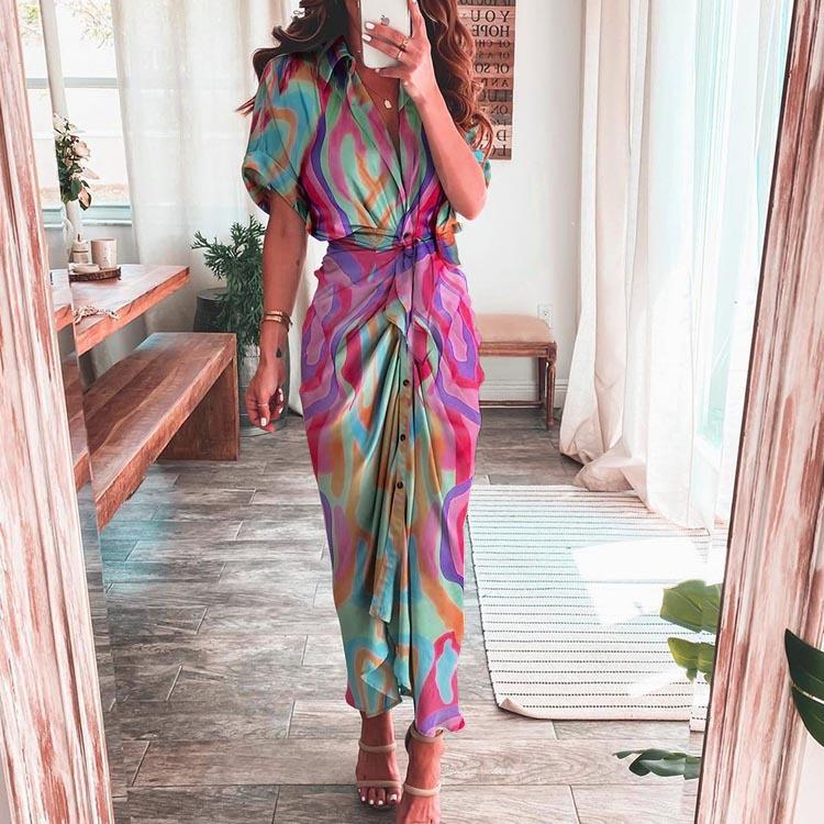 Women'S Gender Printing Design Vintage Style Style Wholesale Women'S Vintage Style Printing Stripe Holiday V Neck Short Sleeve Irregular Skirt