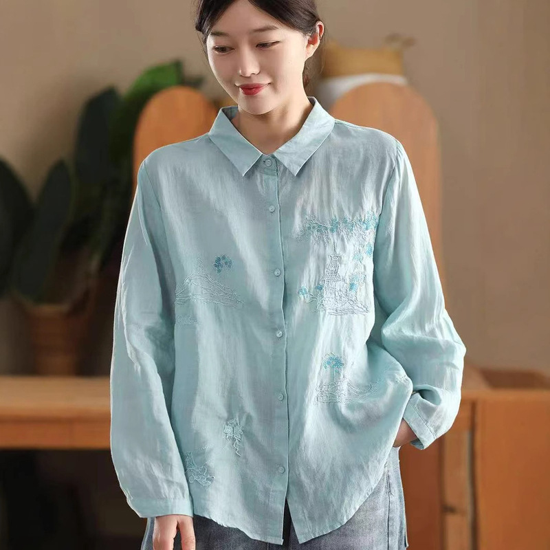 Ancient Clothing Spring and Autum Embroidered Ramie Shirt Women's Hand-Sewn Sequined Shirt Elegant Embroidered Long-Sleeved Top