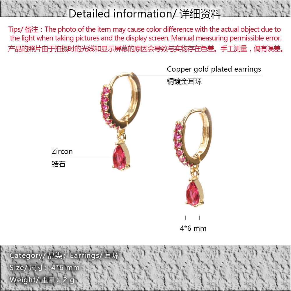 2g Weight Fashion Water Droplets Inlaid Zircon Copper Artificial Gemstones Copper Earrings