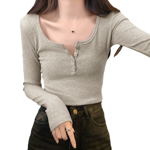 ins Pure Desire Hot Girl Half-Open Neck Long Sleeve Underwear T-Shirt Women's Shirt Spring and Autumn Ribbed Slim Fit Buttoned Long Sleeve Top Small Shirt 