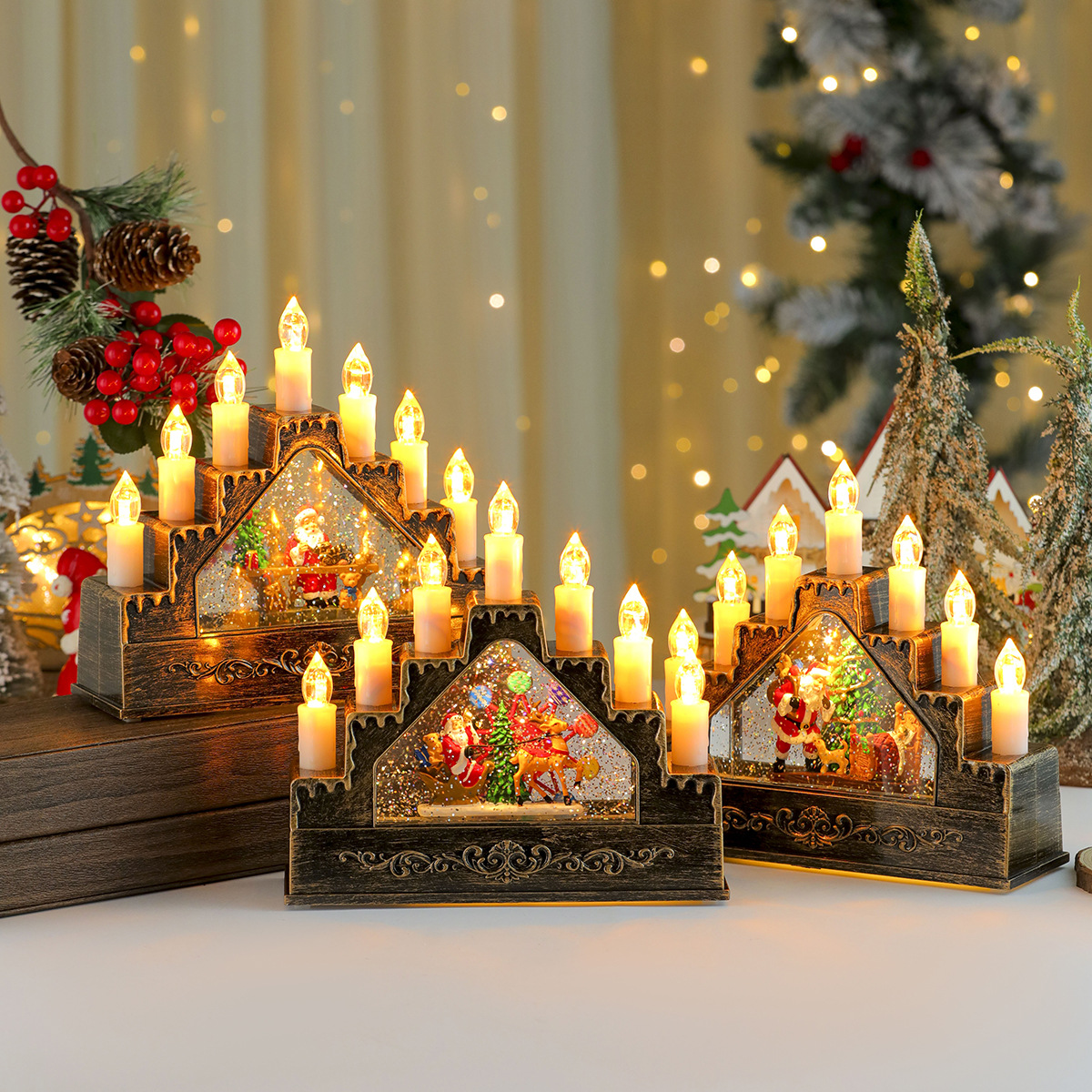 Nuevos productos creativos Inyección de agua Caja de música giratoria Luz de velas Decoración de la ventana del hogar del hotel Regalos de Navidad