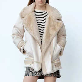 BMURHMZA冬新款女装欧美翻领纯色气质通勤韩版皮毛一体外套