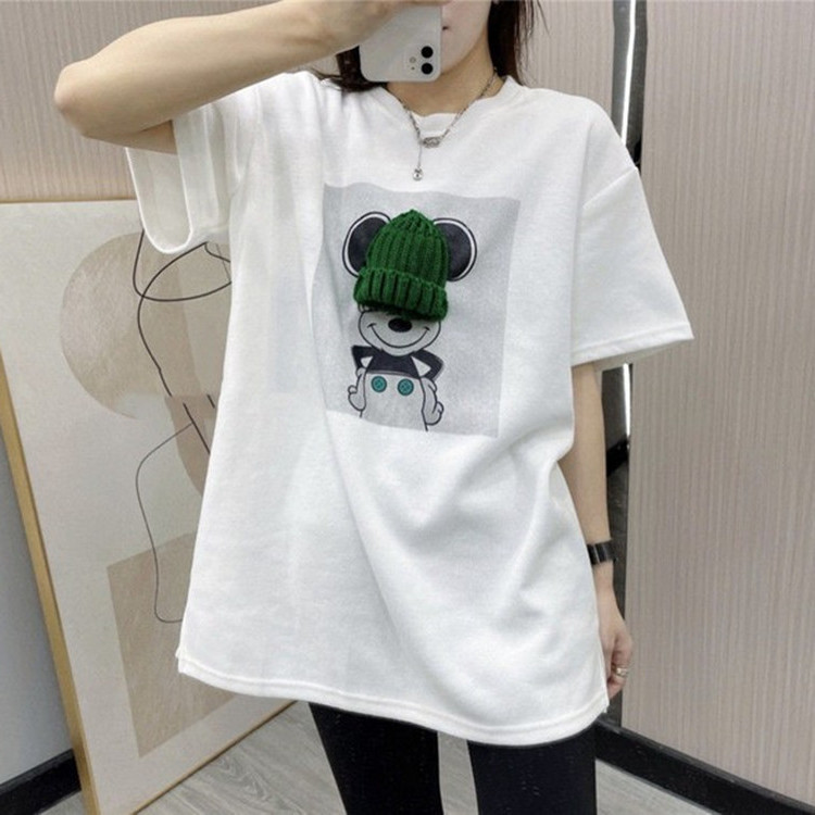 European plus size short-sleeved T-shirt women's 2024 early spring sanding cartoon knitted small green hat loose top ins base shirt European plus size short-sleeved T-shirt women's 2024 early spring sanding cartoon knitted small green hat loose top ins base shirt