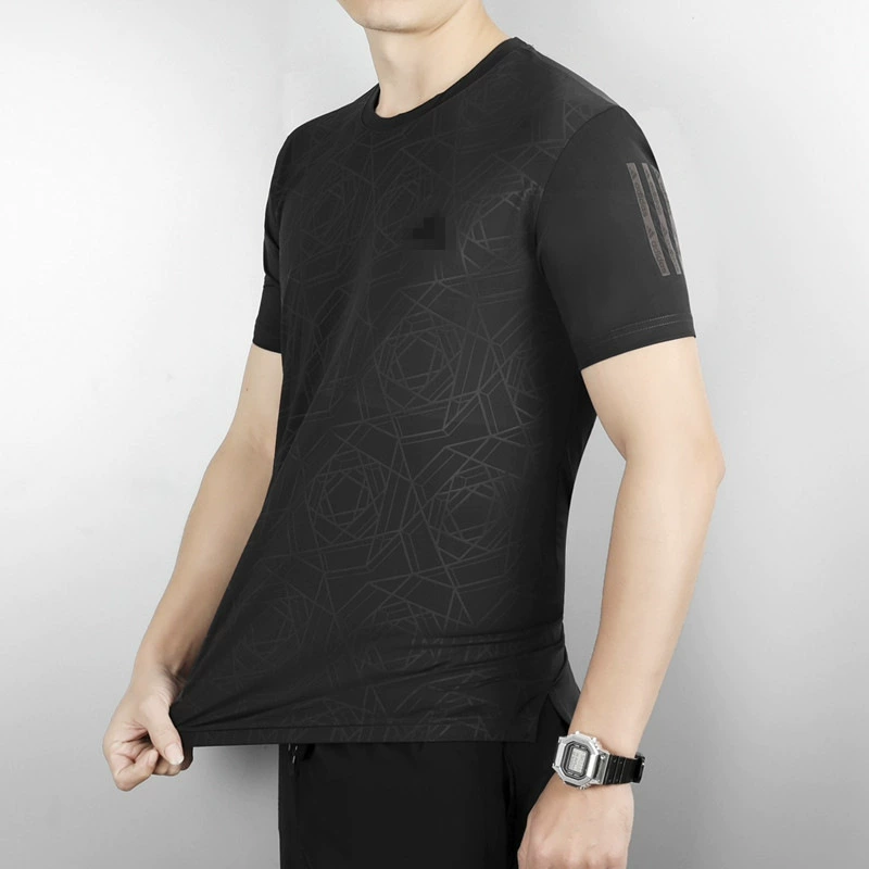 Новинка 2025 года, футболка с короткими рукавами и геометрическим принтом из ледяного шелка, мужская летняя повседневная быстросохнущая одежда для фитнеса среднего возраста с половиной рукавов для мужчин