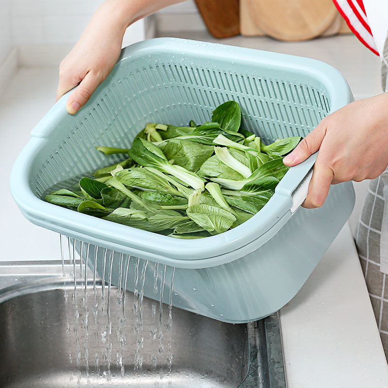 二層野菜洗い桶、プラスチック水切りかご、水切り桶、米洗いツール、野菜かご、野菜洗い桶、家庭用キッチン果物洗い桶|undefined