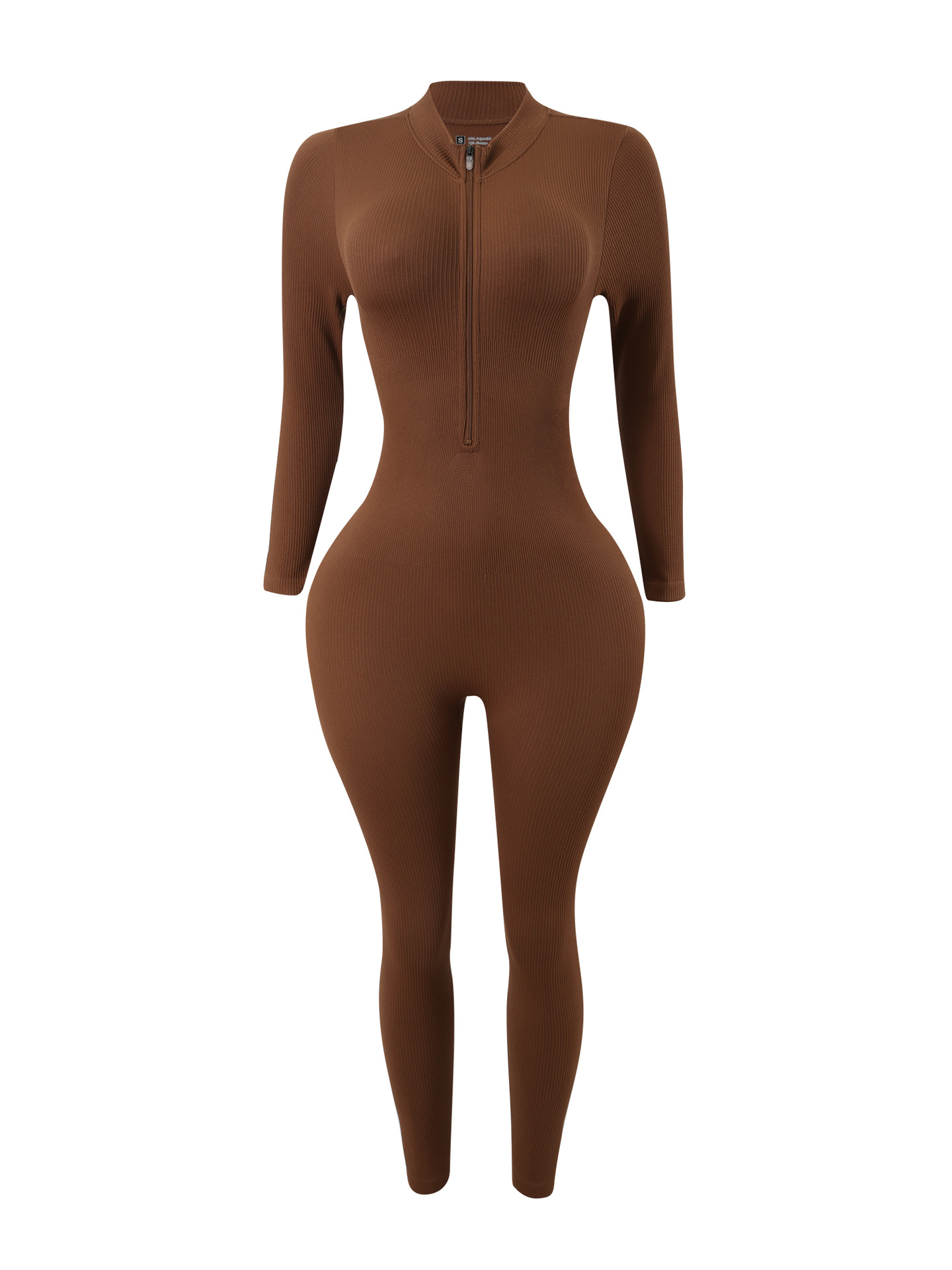 Women's Ribbed Long-Sleeve Zip-Up Jumpsuit – Seamless Yoga & Workout Romper (Moisture-Wicking, High-Stretch Nylon) – Black/Coffee (S-L)​_ecoleips.com