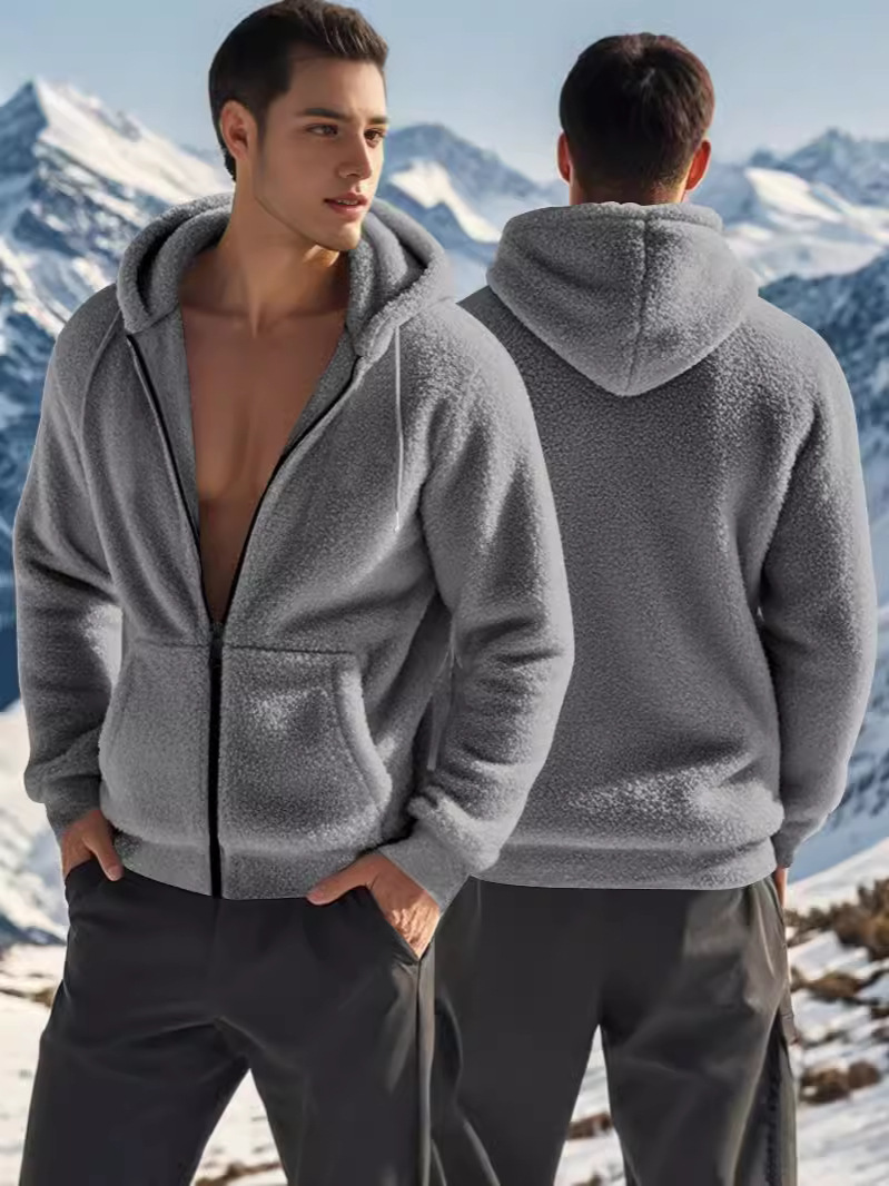 Roupas masculinas primavera e outono, grossas, quentes, dupla face, casaco de lã, zíper, solto, cardigan, jaqueta casual com capuz_voghion.com