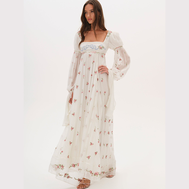Cross-Border Women's Summer Fashion with a High-End Feel, Gentle Princess Style, Delicate Chest Embroidery, Strapless Long-Sleeve Floral Long Dress Cross-Border Women's Summer Fashion with a High-End Feel, Gentle Princess Style, Delicate Chest Embroidery, Strapless Long-Sleeve Floral Long Dress