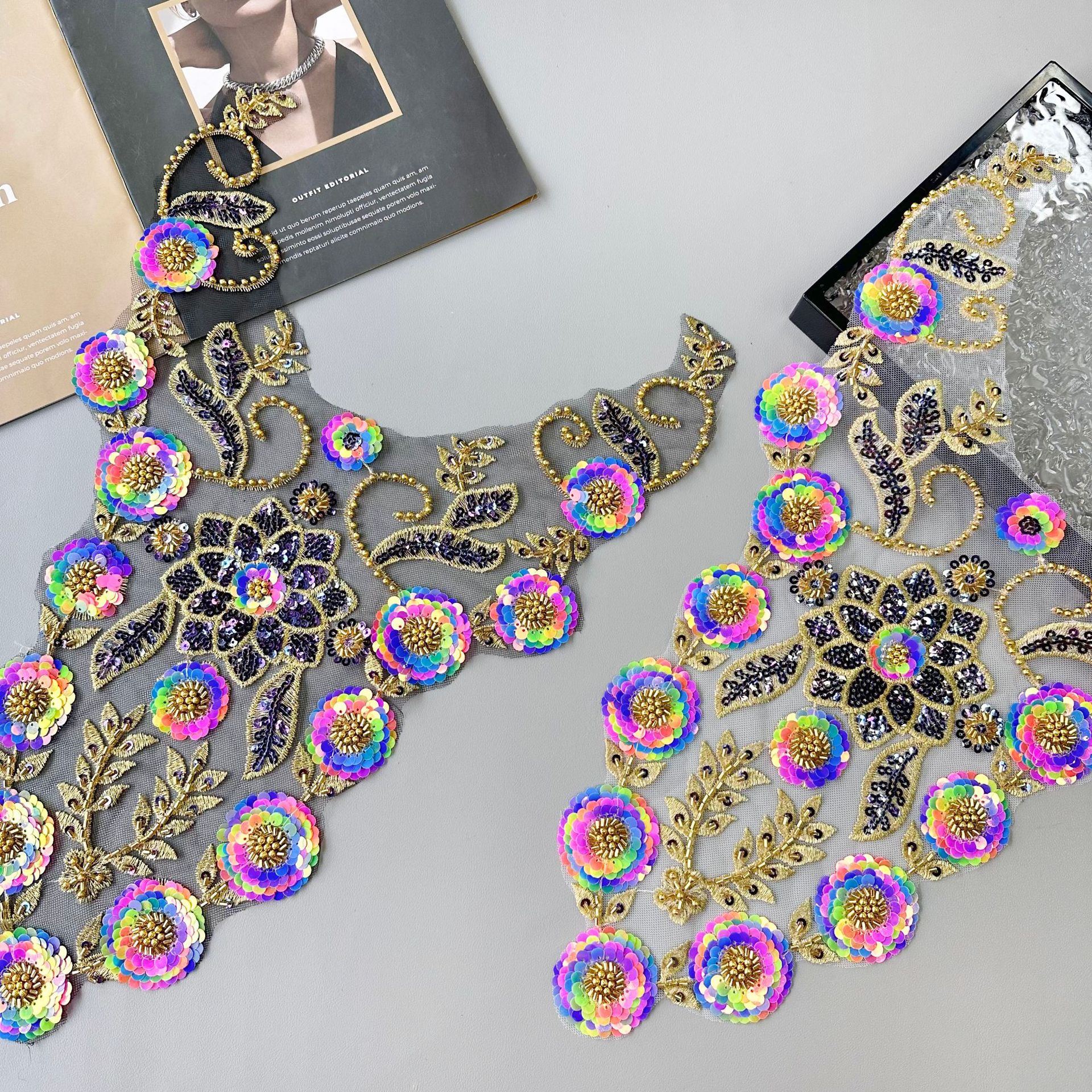 重工手工钉珠亮片炫彩贴花服装晚礼服演出服装饰配饰前领布贴辅料