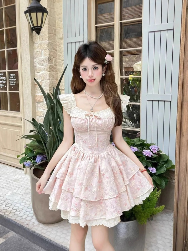 樱织花翎温柔碎花连衣裙女夏季甜美小飞袖公主蛋糕裙收腰蓬蓬裙子|undefined