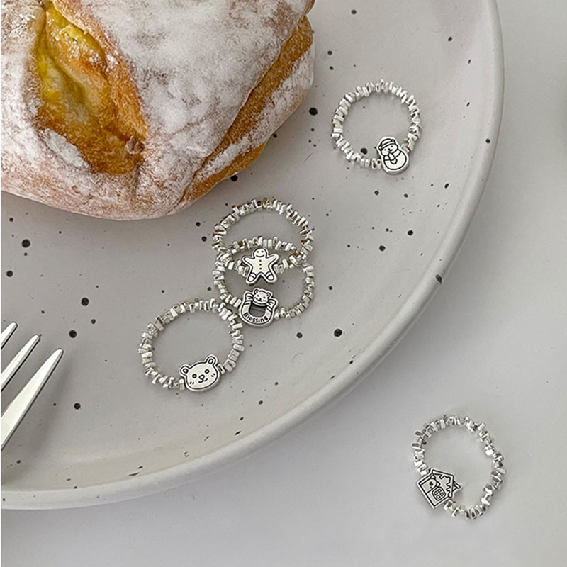 Cute Christmas House Gingerbread Snowman Copper Silver Plated Rings 1 Piece