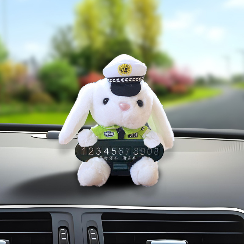 Lindo y divertido policía de tráfico de dibujos animados oso policía conejito pequeño número de estacionamiento temporal placa decoración del automóvil suministros del automóvil