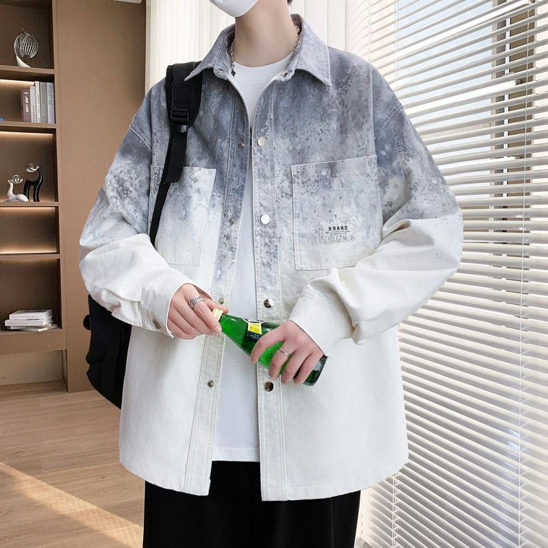 Trendy Long-Sleeve Denim Jacket for Men, Spring and Autumn, Youth Tie-Dye, Loose Fit, Large Size, Stylish Shirt Jacket