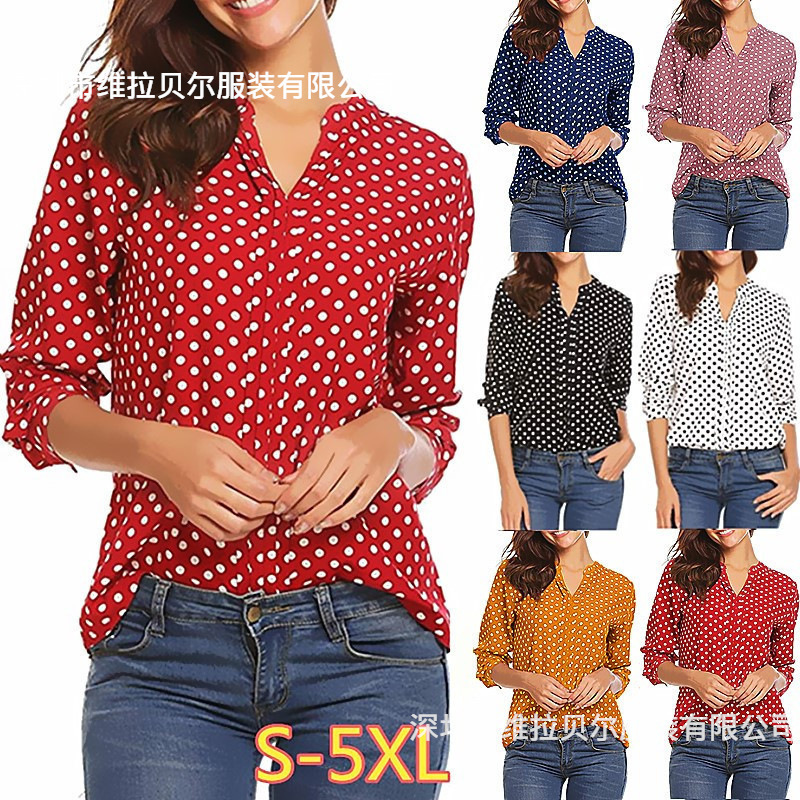 A large number of spot large size wish European and American new shirt polka dot printing V-neck long sleeve sleeve loose ladies lining A large number of spot large size wish European and American new shirt polka dot printing V-neck long sleeve sleeve loose ladies lining
