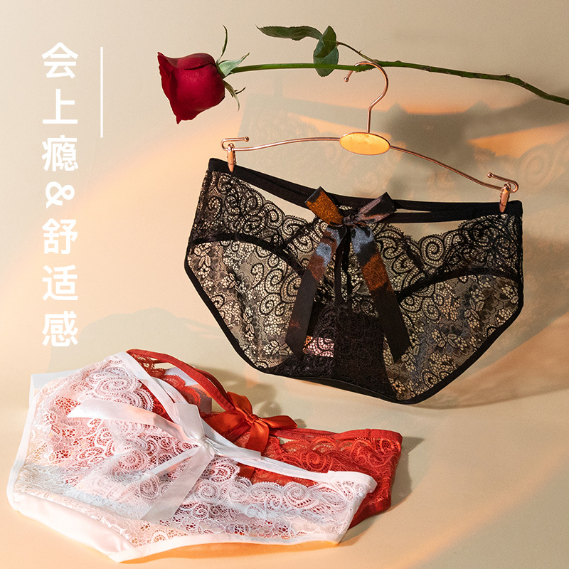 Negro sexy encaje puro quiere viento cintura encaje niñas arco negro encaje algodón inferior entrepierna ropa interior cómoda