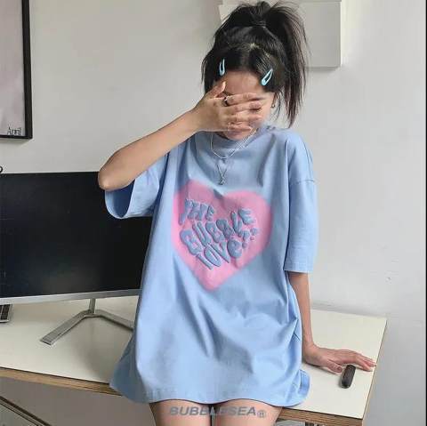盐系爱心印花短袖t恤女2023新款夏季设计感小众韩版宽松上衣ins潮