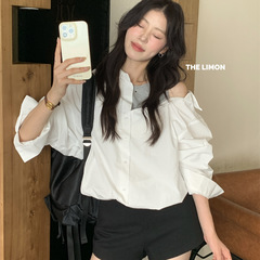THE LIMON柠檬绿茶2025秋季假两件衬衫女设计感露肩长袖t恤上衣