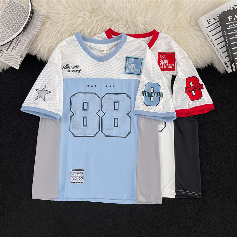 American V Neck Digital Printed Jersey Short-Sleeved T-Shirt for Men and Women Summer Loose Sports Casual Retro Baseball Uniform Top