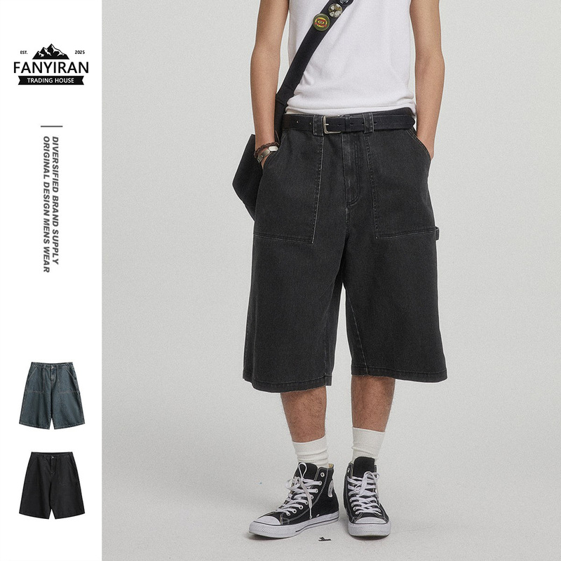 Ouswe American Retro 90S Trendy Brand Loose Washed Denim Shorts Men's Mid-Pants Summer Cropped Pants Rk66