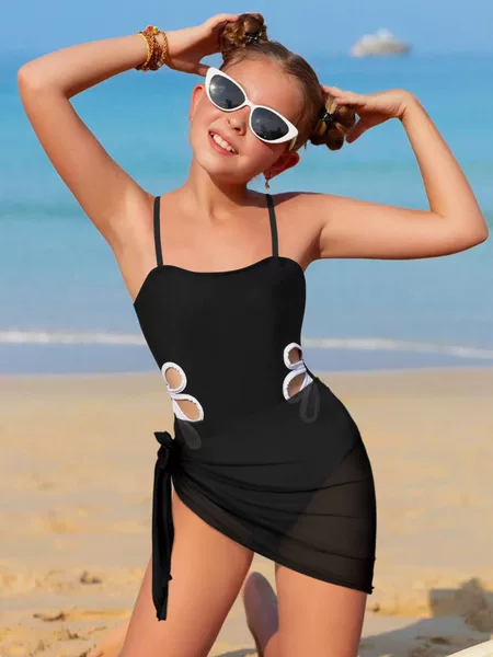 2025 New Amazon Color Contrast Flower Hollow Out Girl's one-piece Swimwear Wrap Skirt Cross-border Girl's Swimwear Swimwear