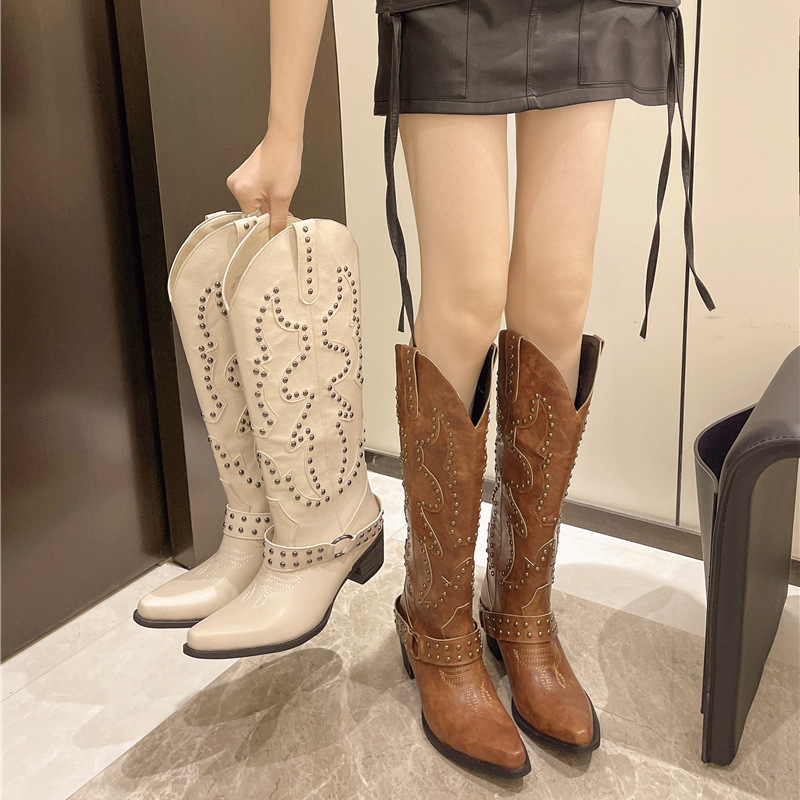 Denim retro high boots with studs pointed-toe
