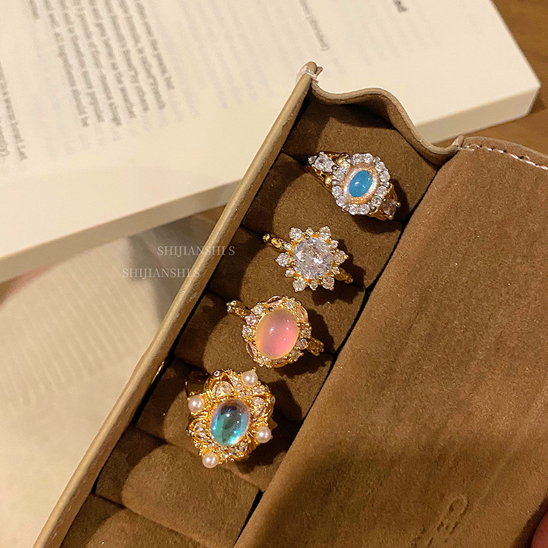 "Condensed Fantasy Crystal" Light and Dreamy French-Style Gradient Zirconia Open Ring for Women, Sparkling Light Luxury Niche Ring Accessory