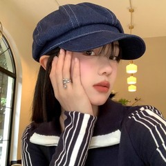 牛仔贝雷帽女秋冬季ins复古百搭大头围八角帽日系显脸小云朵帽子