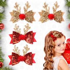 ヨーロッパとアメリカの子供のクリスマス枝角ヘアピングリッターグリッターサイドクリップ毛玉ヘラジカのリボンクリスマスヘアアクセサリー