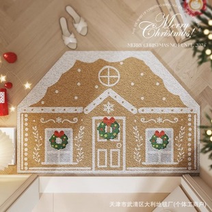 New Christmas Gingerbread House Floor Mat, Entrance Door Anti-Slip Floor Mat, Dust Removal, Wear-Resistant, Easy to Care For, Stain-Resistant Wire Loop Floor Mat