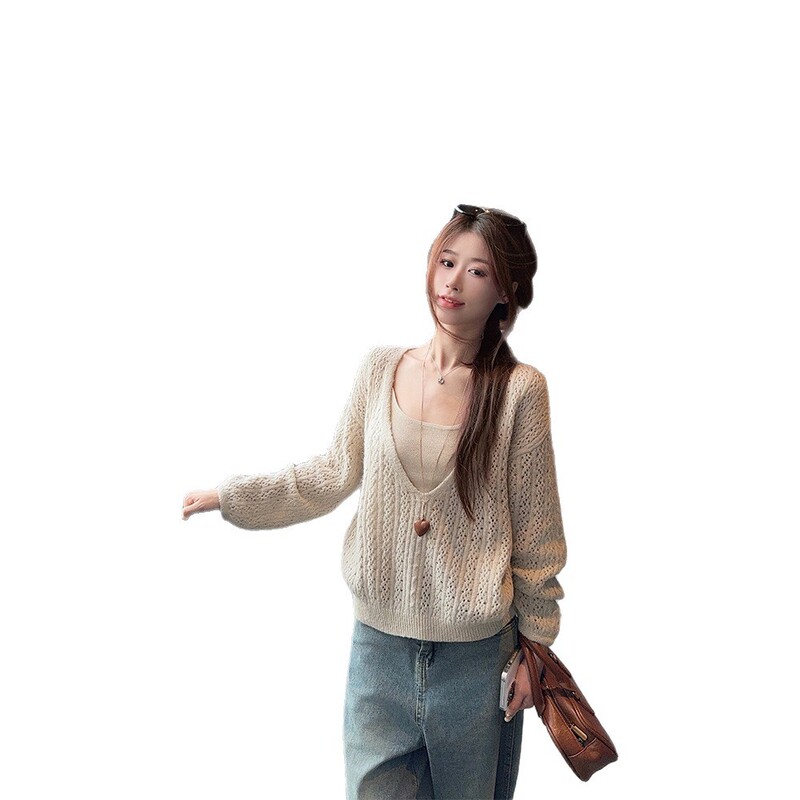 复古镂空V领长袖针织衫罩衫内搭吊带背心2025秋季新款时尚套装女|undefined