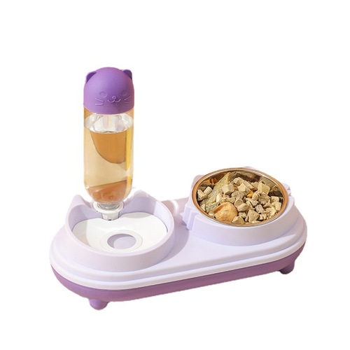 Wholesale pet bowl ceramic bowl cat bowl tall neck guard cat head pet drinking water feeding double bowl with water bottle