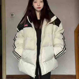 美式复古黑白拼接条纹棉服女冬季新款街头设计感立领面包服外套潮