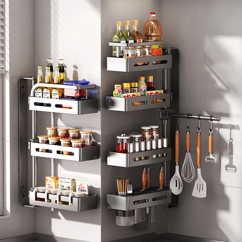 Stainless Steel Kitchen Rotary Spice Rack Wall Mounted Condiment Storage Rack Wall Corner Oil Salt Sauce Vinegar Storage Rack