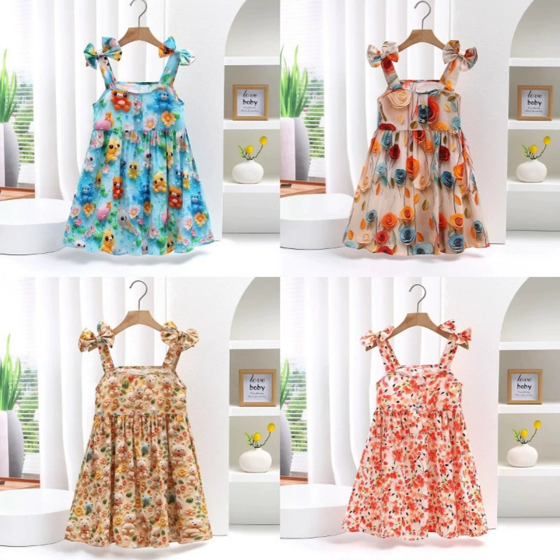 Юбка на подтяжках для девочек, летнее детское платье из 5D хлопка и шелка с бантом, модное платье принцессы с рисунком медведя для девочек