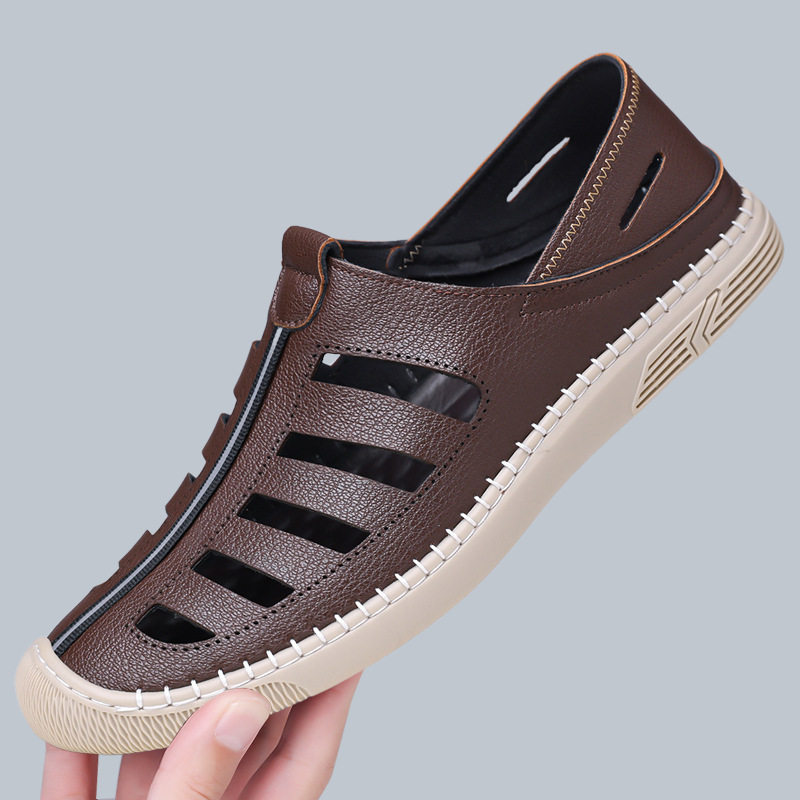 Giày lười sandal nam thoáng khí khoét lỗ, mũi tròn, đế cao su chống trượt — Màu nâu, màu đen