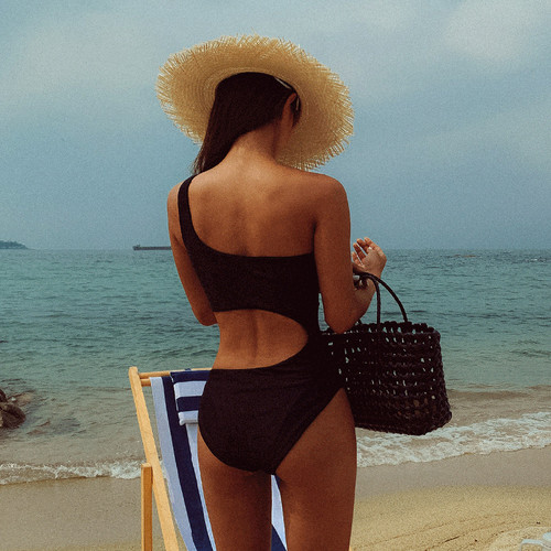 Pure Color One-Piece Swimsuit New Korean Style Pure Color One-Shoulder Backless Fitted Sexy Beach Hot Spring Vacation Swimsuit for Women