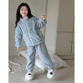 儿童秋冬款加绒加厚宝宝家居服珊瑚绒保暖纯色两件套男女通亲子装