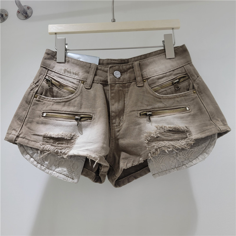 Shorts de Mezclilla con Encaje Empalmado y Cintura Baja con Bolsillos para Verano