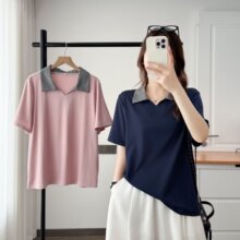 胖MM大码2026春夏新款女装时尚V领相色T恤短袖POLO衫 z164  357