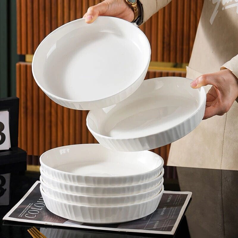 Plate and Dish Set for Home Use, High Aesthetic Ceramic Round Deep Plate, 2026 New Model, Pure White Underglaze Color Soup Plate and Dishware