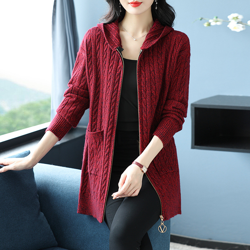 中长款连帽毛衣外套女2024秋冬韩版宽松慵懒风麻花厚针织衫开衫