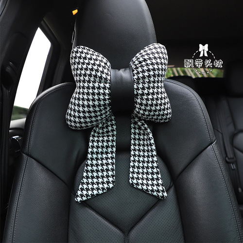Car headrest, bow fashion houndstooth in-car neck pillow, creative all-season car lumbar support
