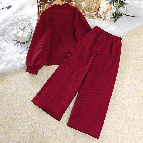 2024 Spring Girls' Clothing 10-12 Years Old Cross-border New Middle Child Collar Long Sleeve Shirt European and American Children's Set