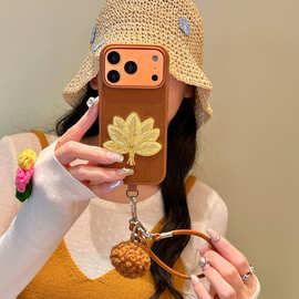 适用苹果17手机壳16promax复古绒布刺绣柚子叶iphone15/14保护套