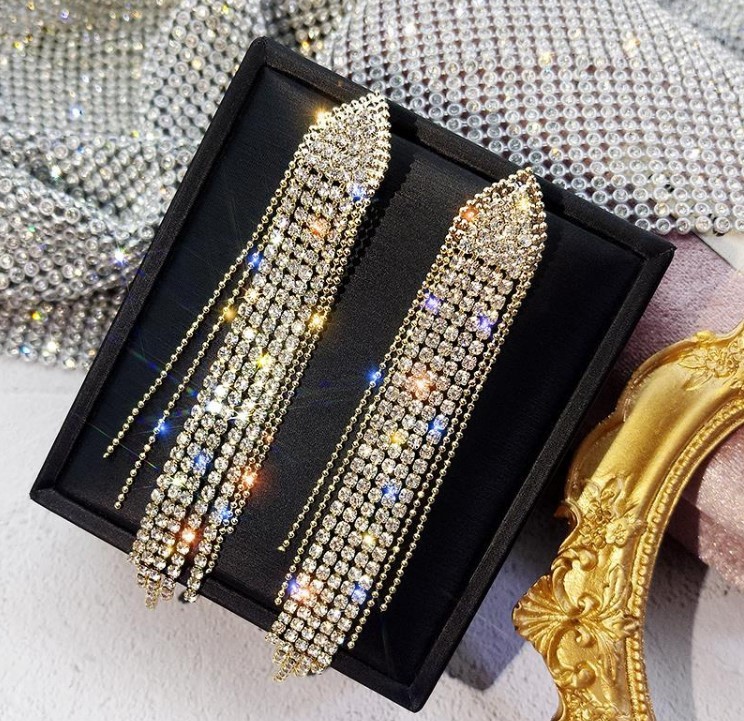 fashion long temperament tassel rhinestone earrings for women silver needle personality exaggerated internet celebrity trend shape earrings_voghion.com