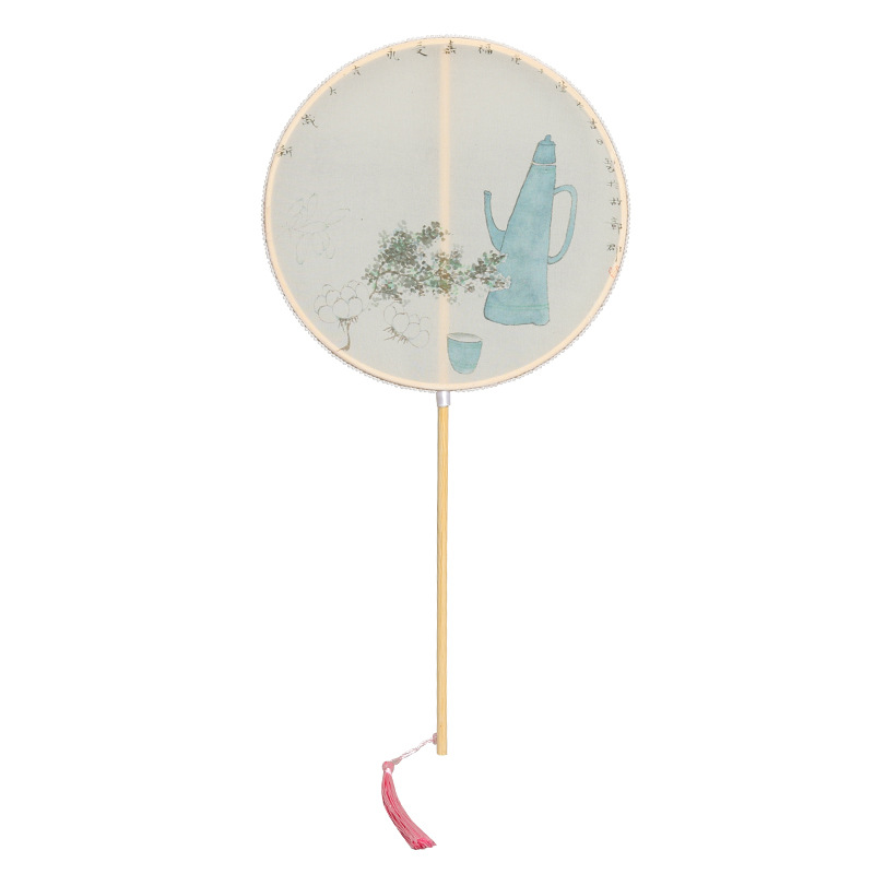 Ventilador de la cintura estilo antiguo hanfu ventilador de impresión al por mayor cheongsam ventilador de la cintura mango largo borla rizado ventilador colgante mango largo ventilador de bambú púrpura