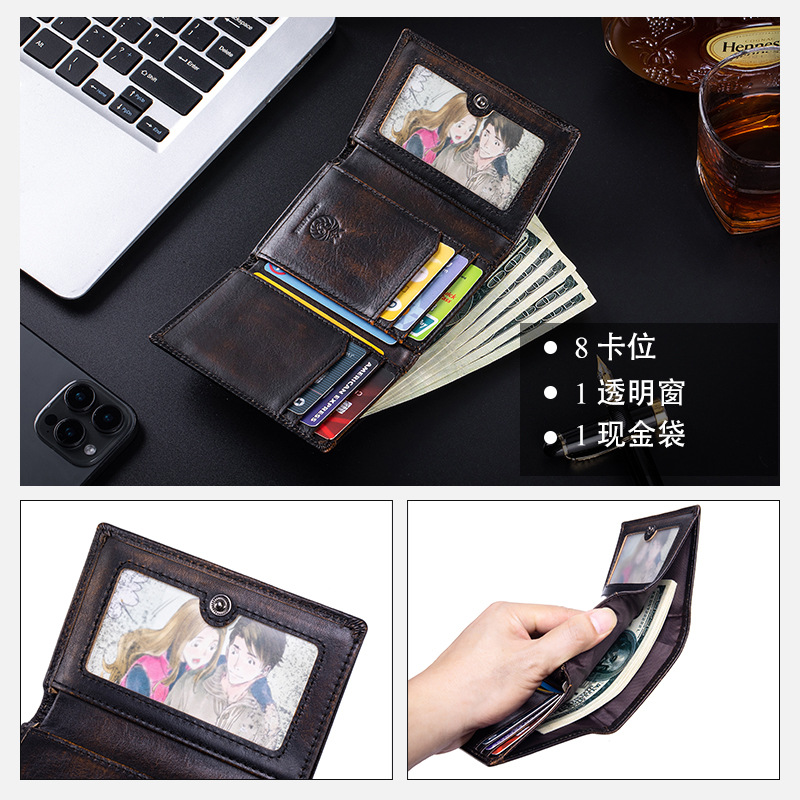 Ví nam da bò gập ba chống trộm RFID phong cách cổ điển — Nâu cà phê - phai màu, Nâu cà phê, Đen, Nâu ngựa hoang
