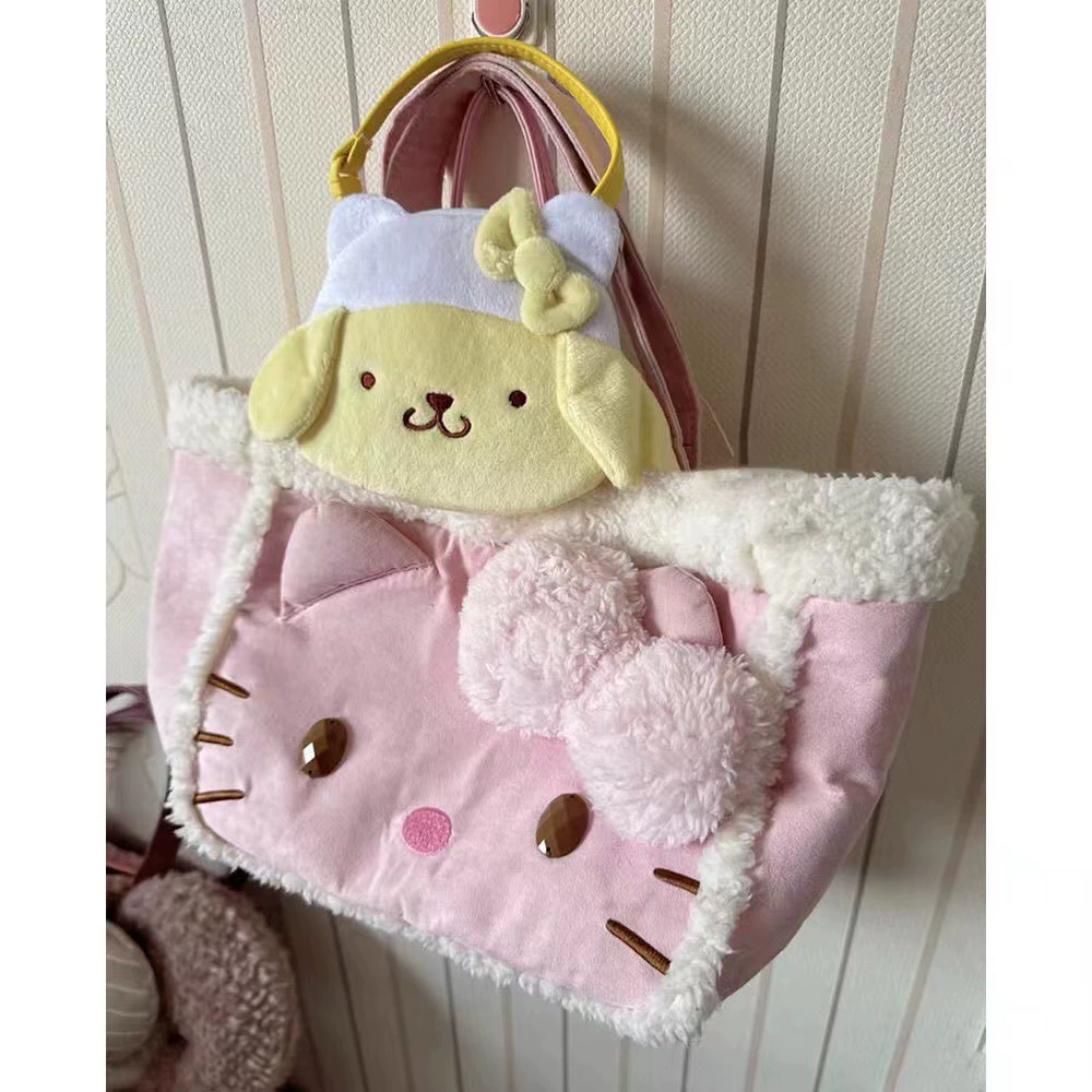 Сумка через плечо (Hello Kitty) розовая с бантом, искусственный мех, принт Katie, 0,2 кг