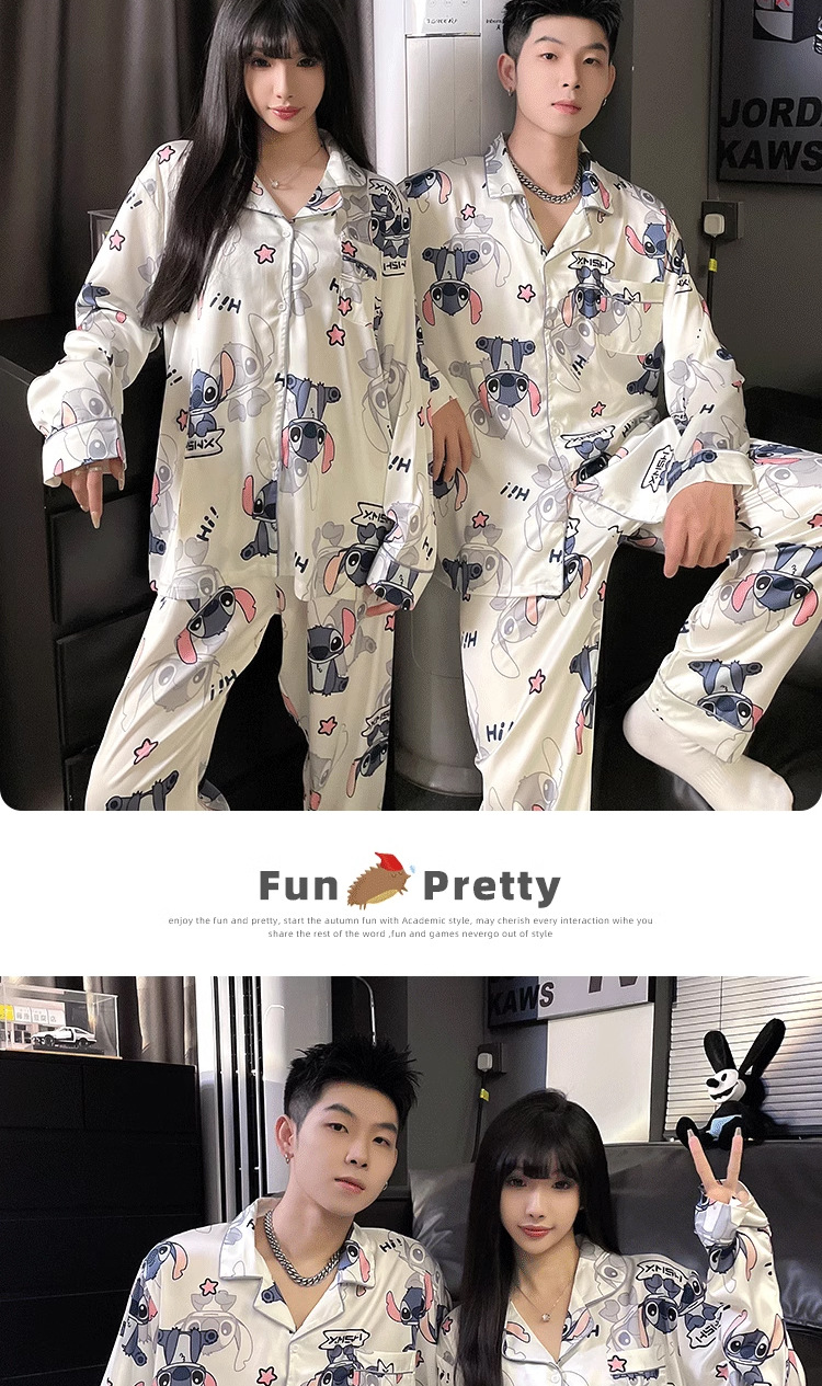 法米姿 情侣睡衣春秋冰丝长袖女薄款高级感款可爱男士夏季家