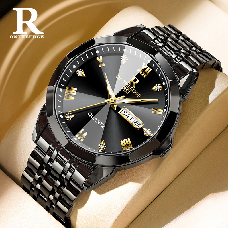 Rui Zhi Yuan's Popular Tiktok Watch, All-Black Fashionable Men's Business Watch, Waterproof, Luminous, Calendar Quartz Watch